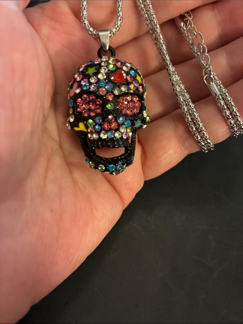 Multicolor Crystal Sugar Skull Pendant Necklace